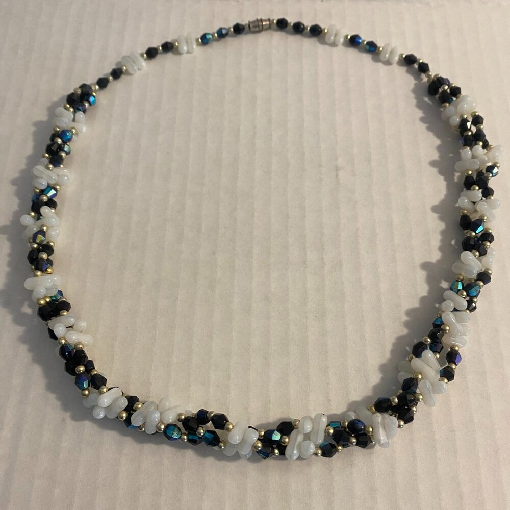 22 Inch Triple Strand Iridescent Black, White & Gold Braided Beaded Necklace